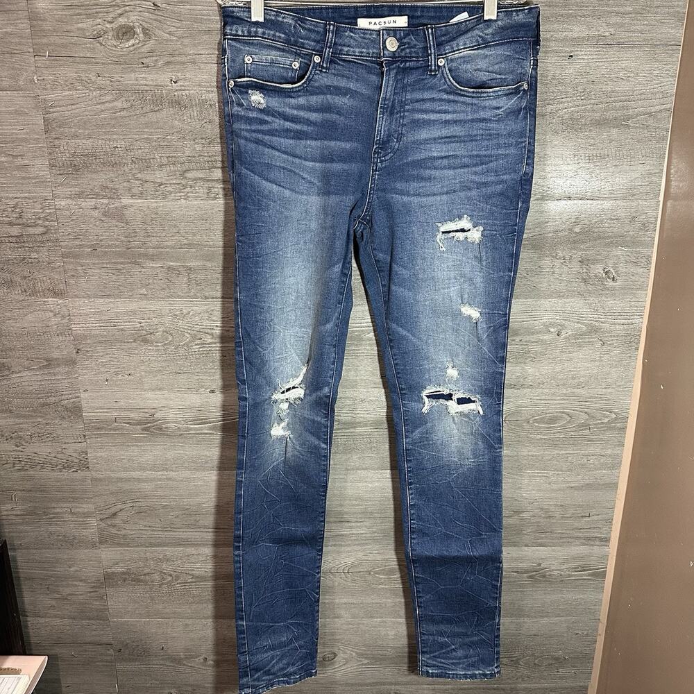 PacSun Jeans Mens 31x32 Blue Stacked Skinny Distressed Stretch Denim Pants